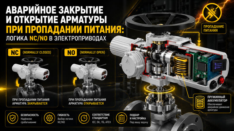 Аварийное закрытие и открытие арматуры при пропадании питания: логика NC/NO в электроприводах