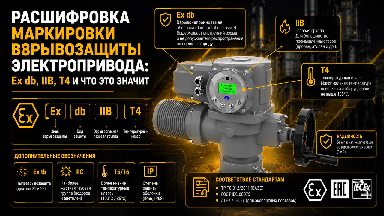 Расшифровка маркировки взрывозащиты электропривода Ex db IIB T4